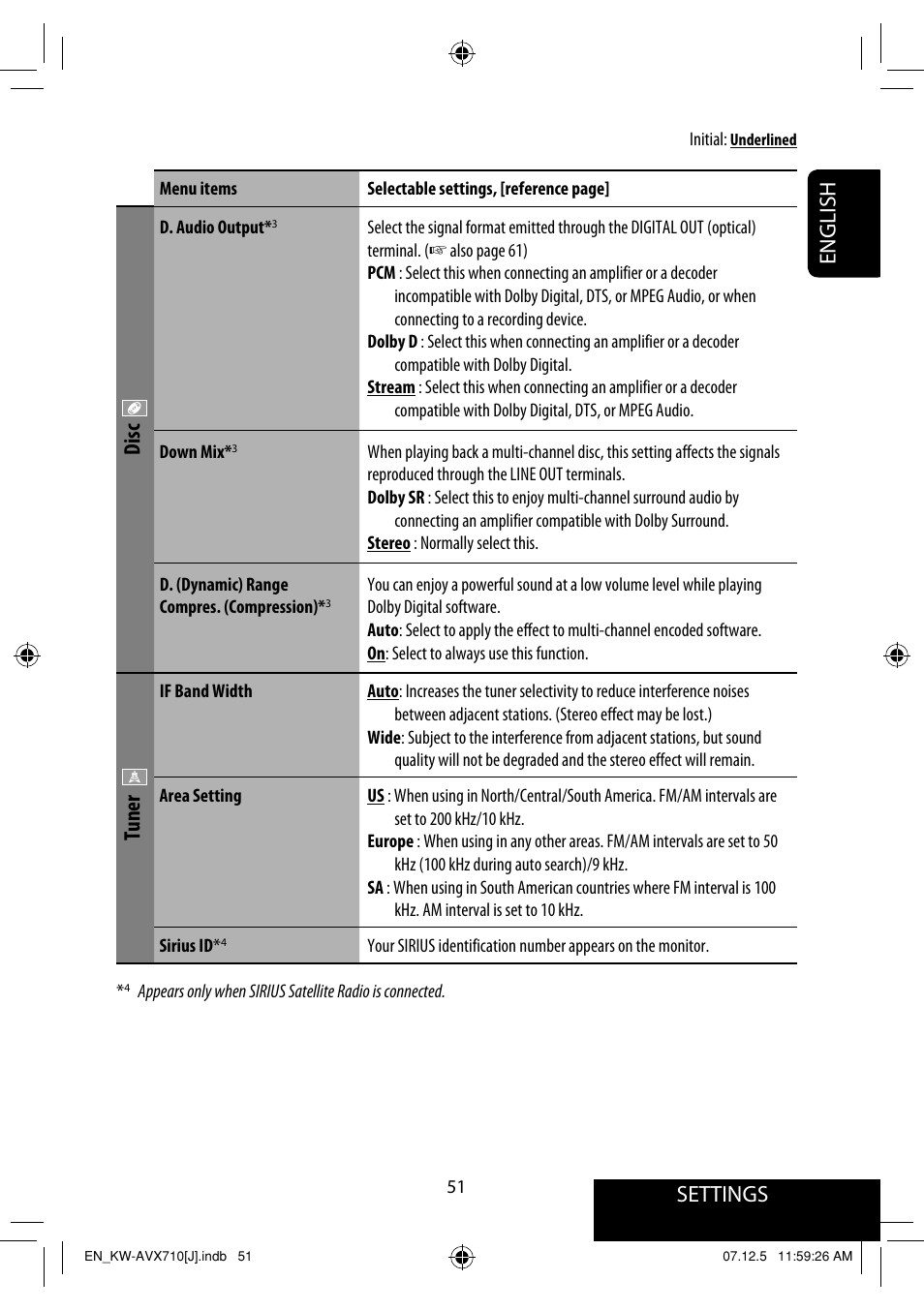 Settings, English, Disc | Tuner | JVC KW-ADV790 User Manual | Page 51 / 207