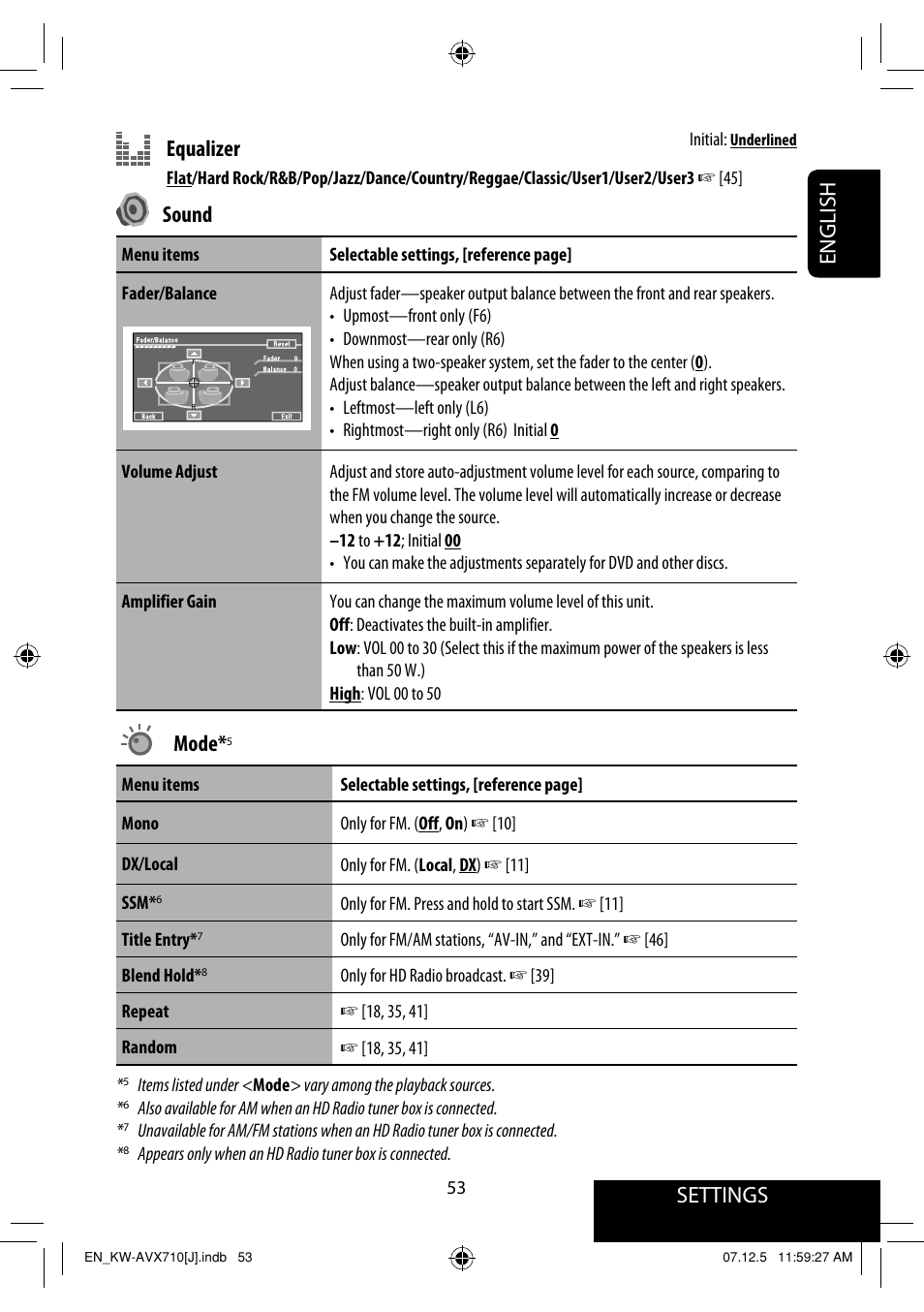 Settings, English equalizer, Sound | Mode | JVC KW-ADV790 User Manual | Page 53 / 207