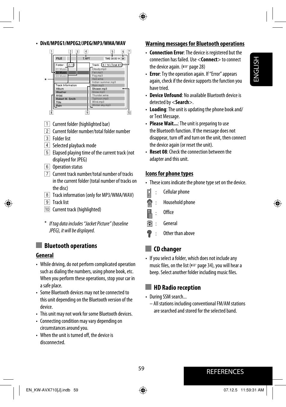 References english, Cd changer, Hd radio reception | Bluetooth operations | JVC KW-ADV790 User Manual | Page 59 / 207