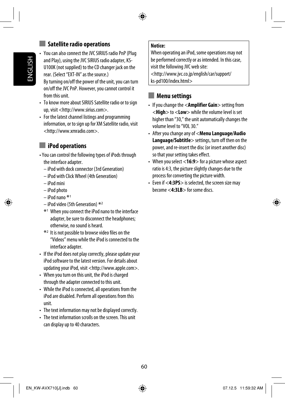English, Satellite radio operations, Ipod operations | Menu settings | JVC KW-ADV790 User Manual | Page 60 / 207