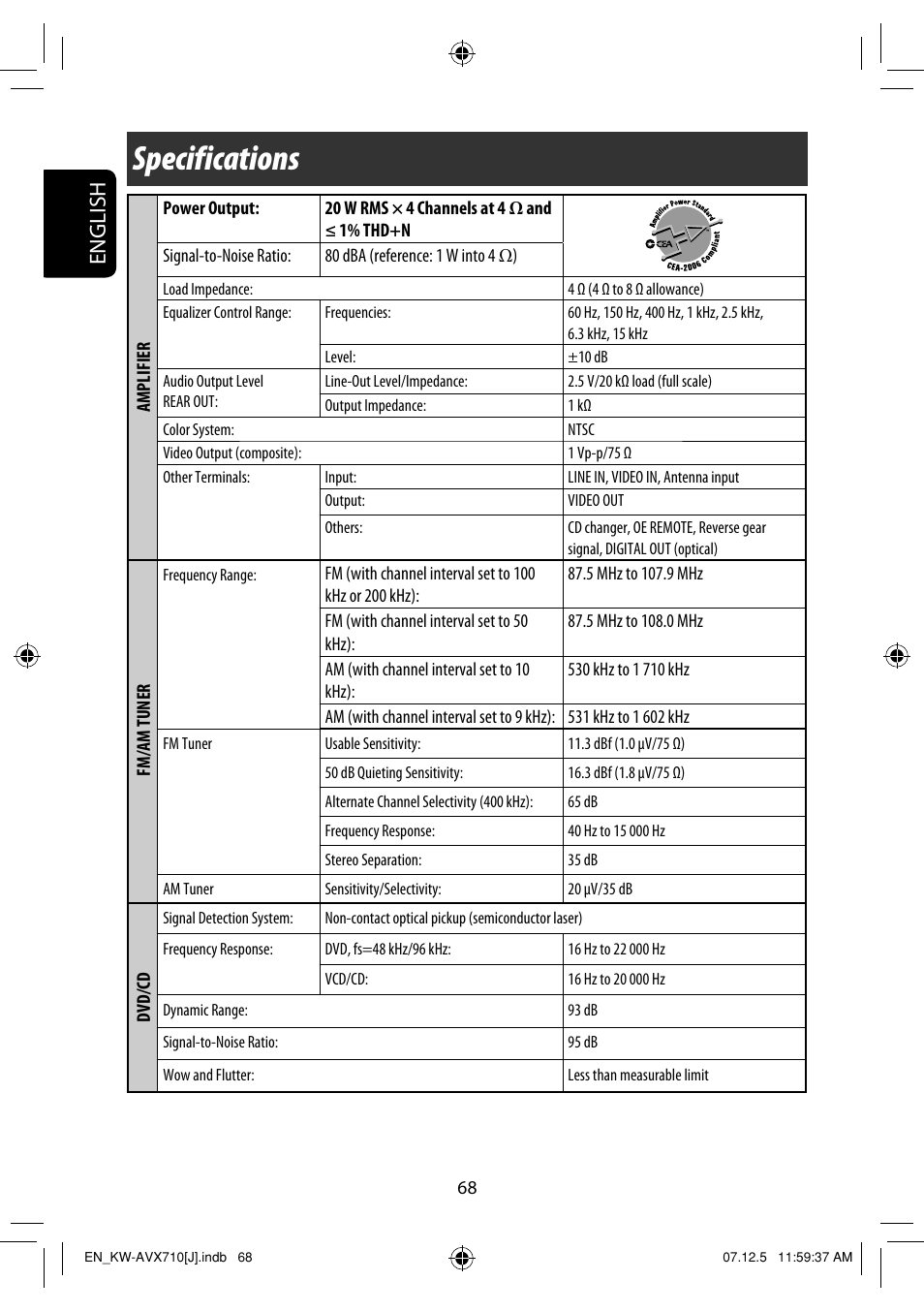 Specifications, English | JVC KW-ADV790 User Manual | Page 68 / 207