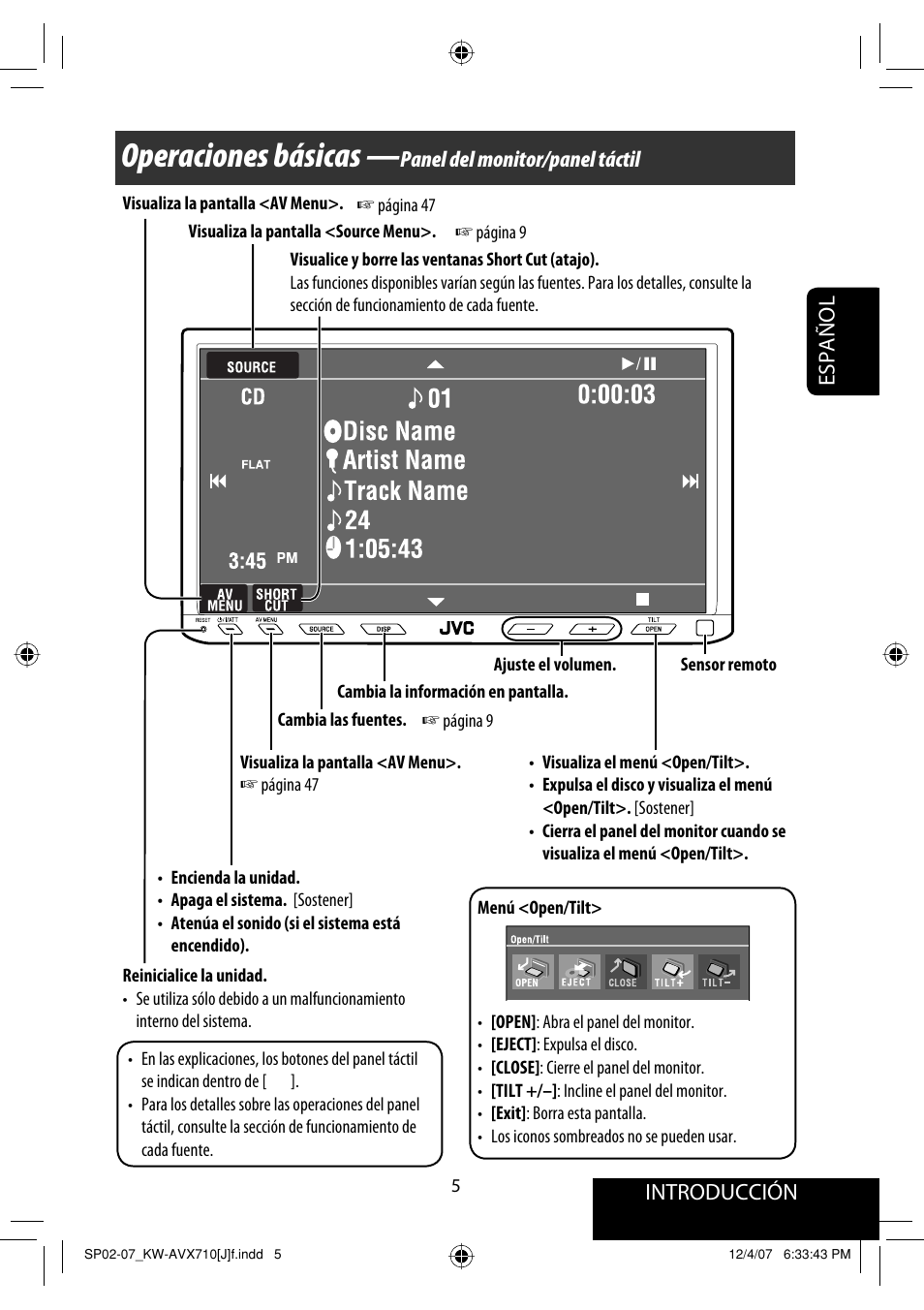 Operaciones básicas, Español introducción, Panel del monitor/panel táctil | JVC KW-ADV790 User Manual | Page 73 / 207
