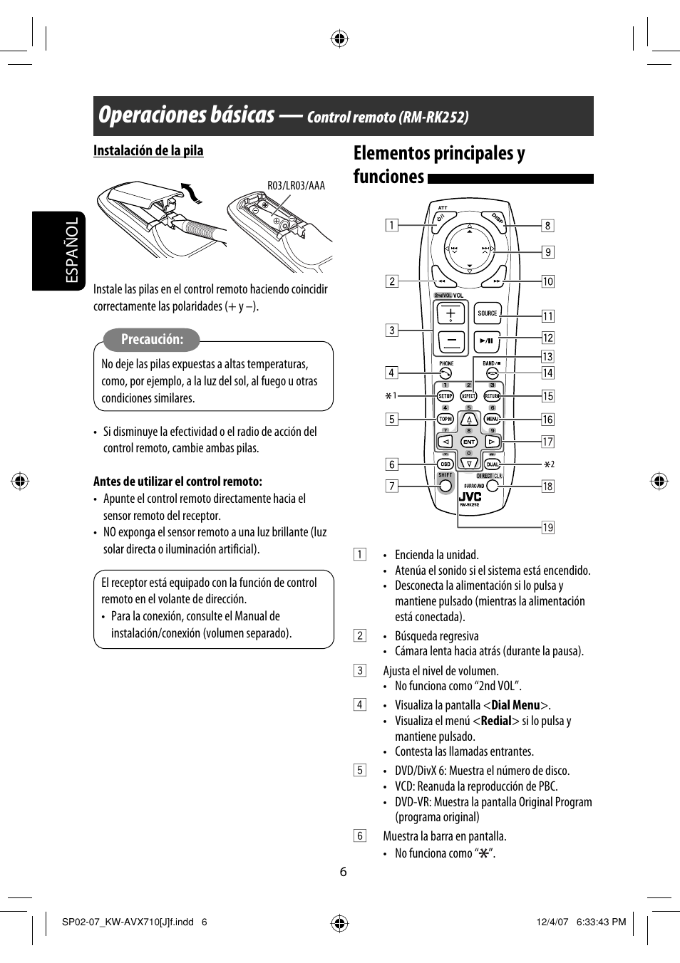 Operaciones básicas, Elementos principales y funciones, Español | Control remoto (rm-rk252) | JVC KW-ADV790 User Manual | Page 74 / 207