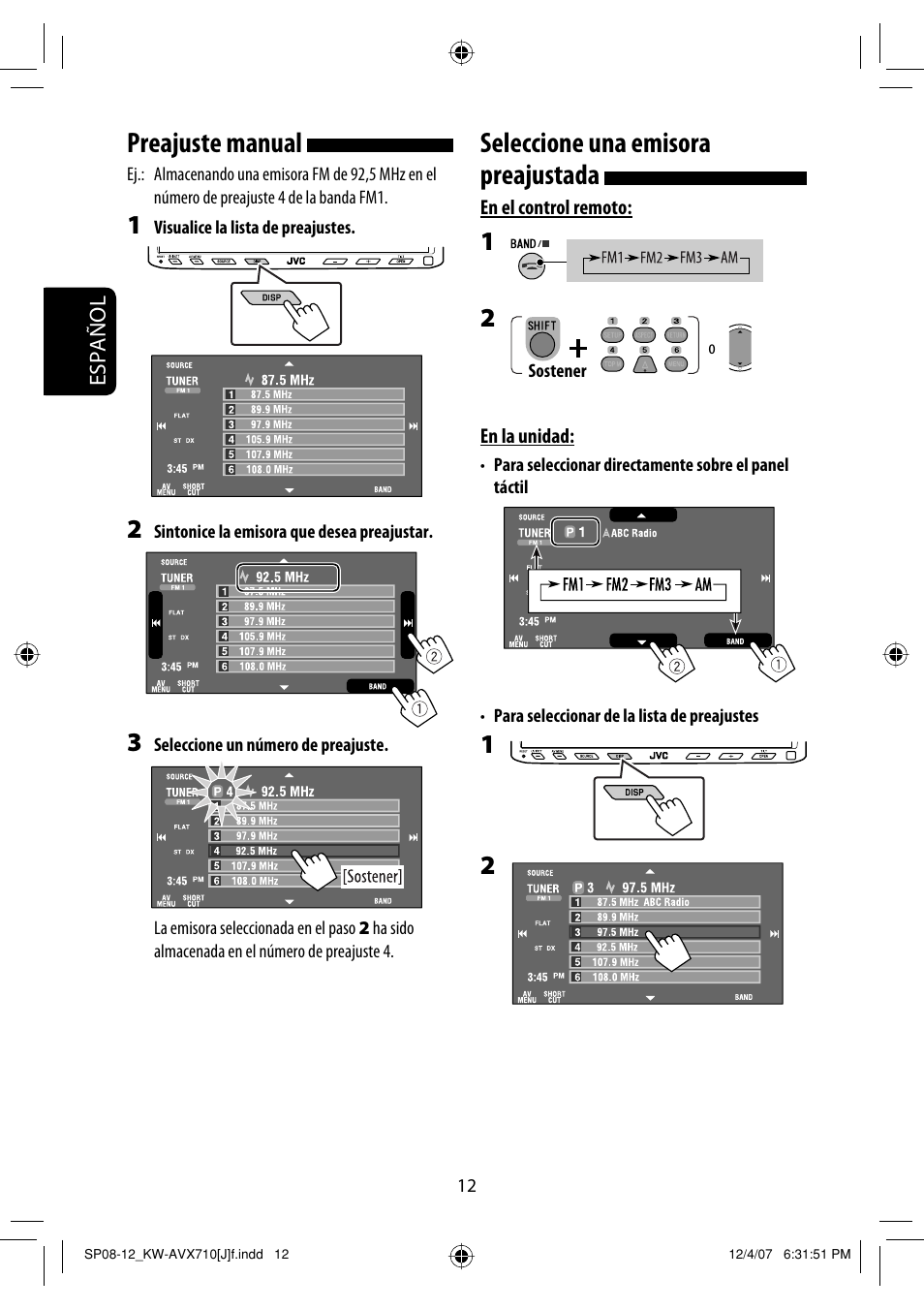 Seleccione una emisora preajustada, Preajuste manual | JVC KW-ADV790 User Manual | Page 80 / 207