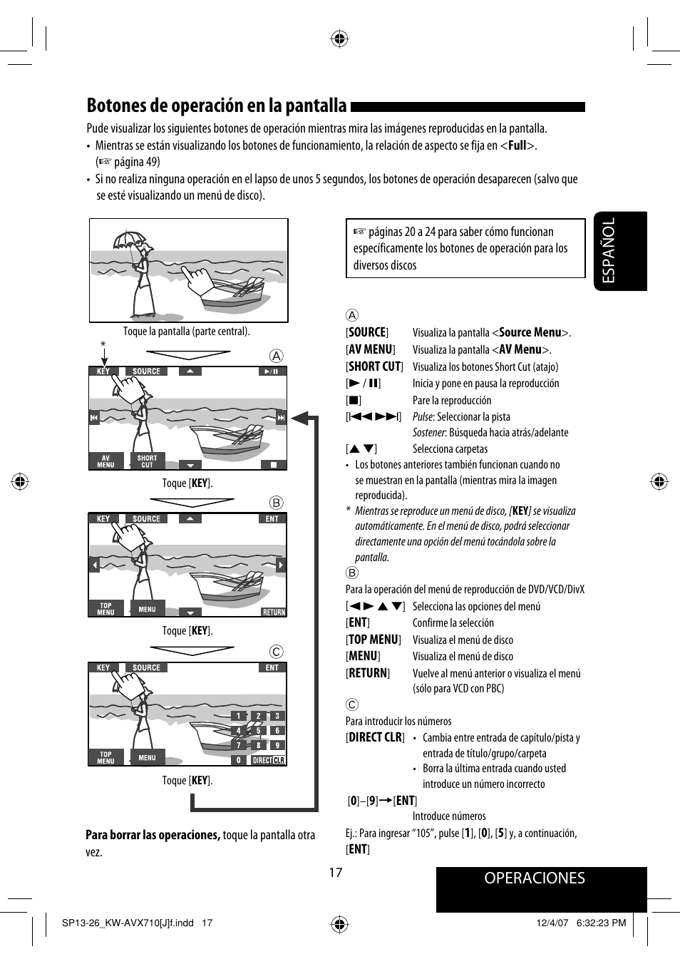 Botones de operación en la pantalla, Operaciones, Español | JVC KW-ADV790 User Manual | Page 85 / 207