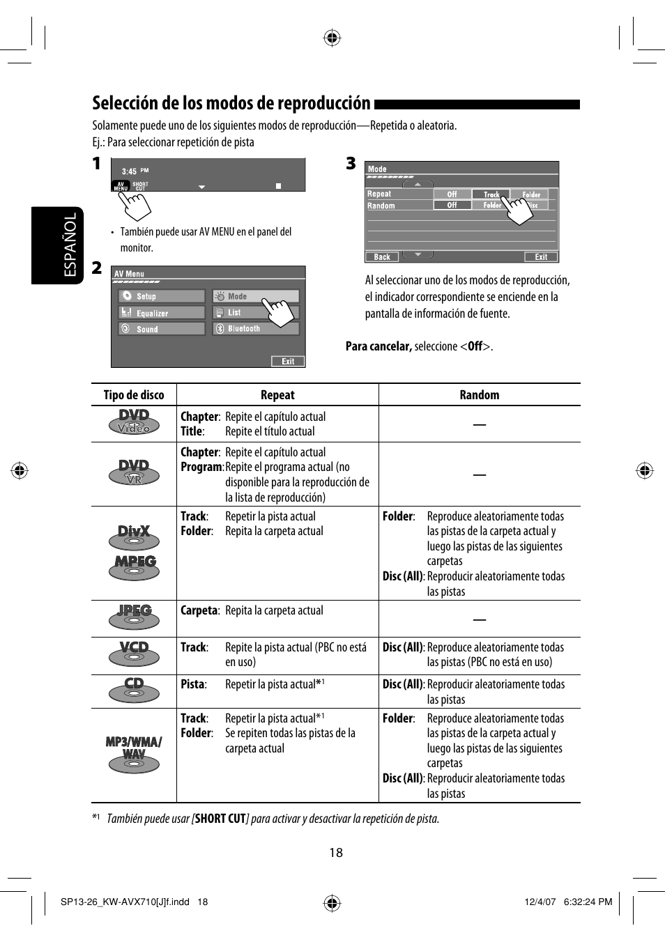 Selección de los modos de reproducción, Español | JVC KW-ADV790 User Manual | Page 86 / 207