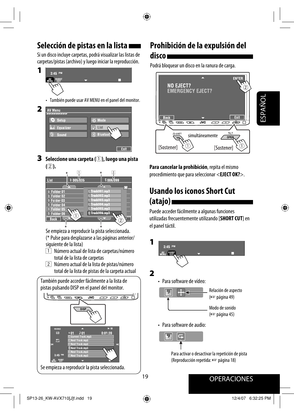 Prohibición de la expulsión del disco, Usando los iconos short cut (atajo), Selección de pistas en la lista | JVC KW-ADV790 User Manual | Page 87 / 207