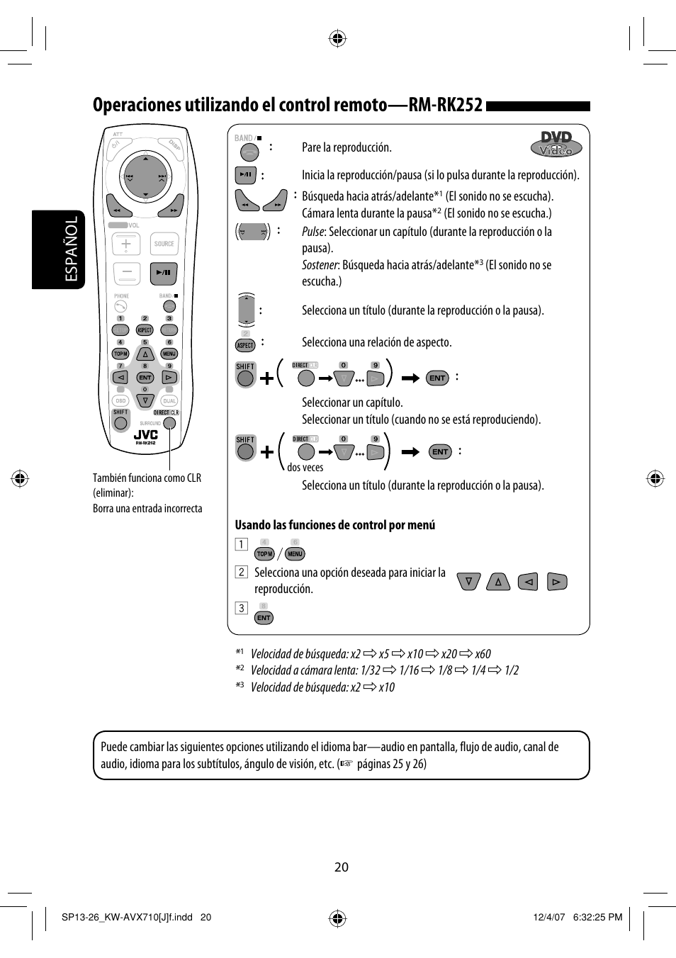 Operaciones utilizando el control remoto—rm-rk252, Español | JVC KW-ADV790 User Manual | Page 88 / 207