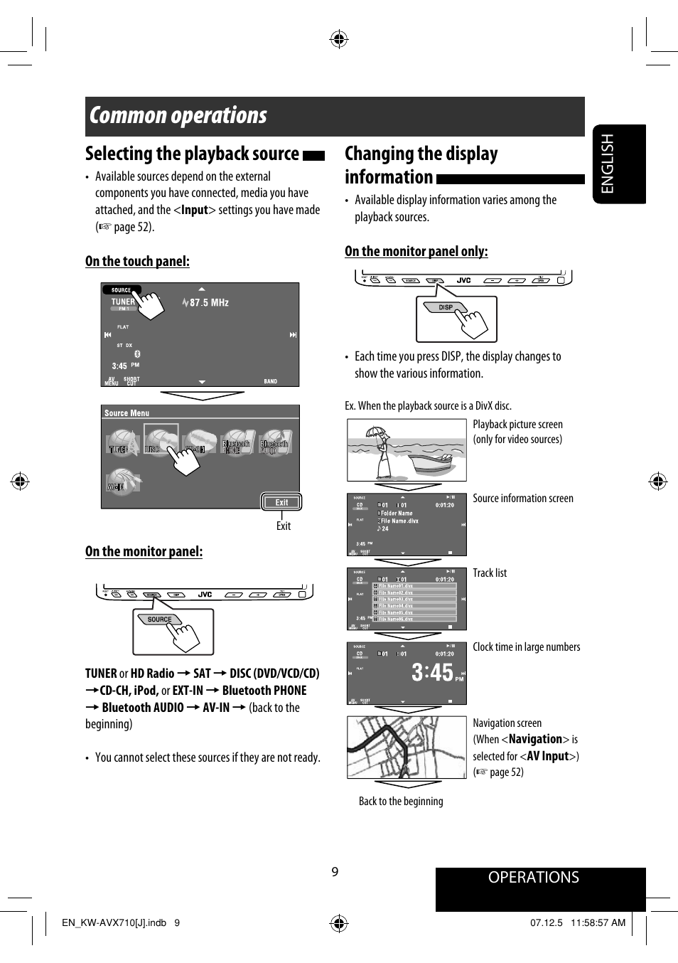 Operations, Common operations, Changing the display information | Selecting the playback source, English | JVC KW-ADV790 User Manual | Page 9 / 207