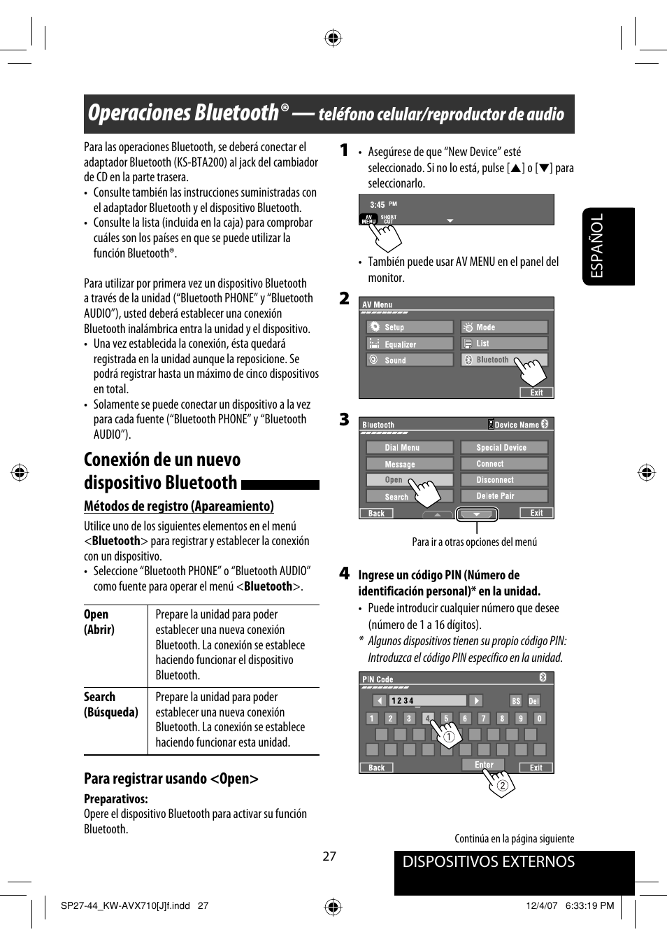 Operaciones bluetooth, Conexión de un nuevo dispositivo bluetooth, Teléfono celular/reproductor de audio | JVC KW-ADV790 User Manual | Page 95 / 207