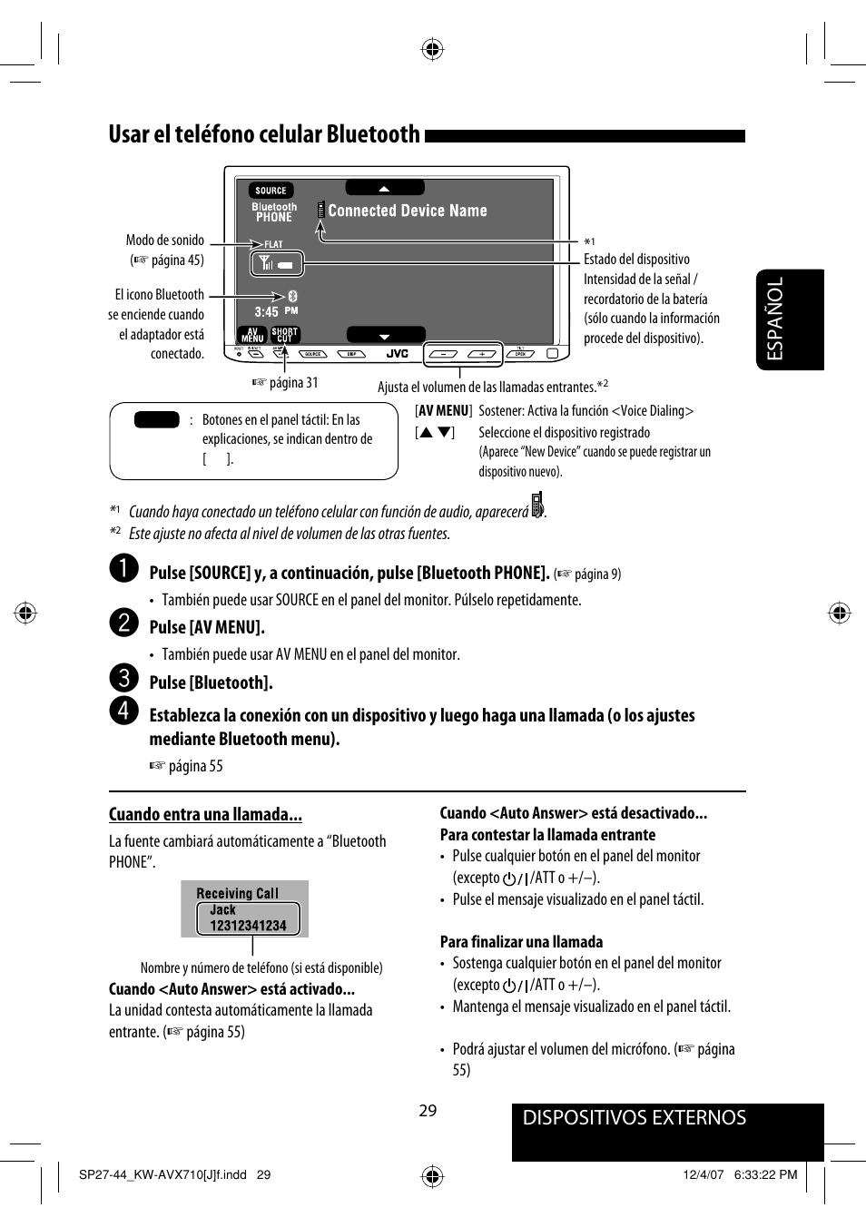 Usar el teléfono celular bluetooth, Dispositivos externos español | JVC KW-ADV790 User Manual | Page 97 / 207