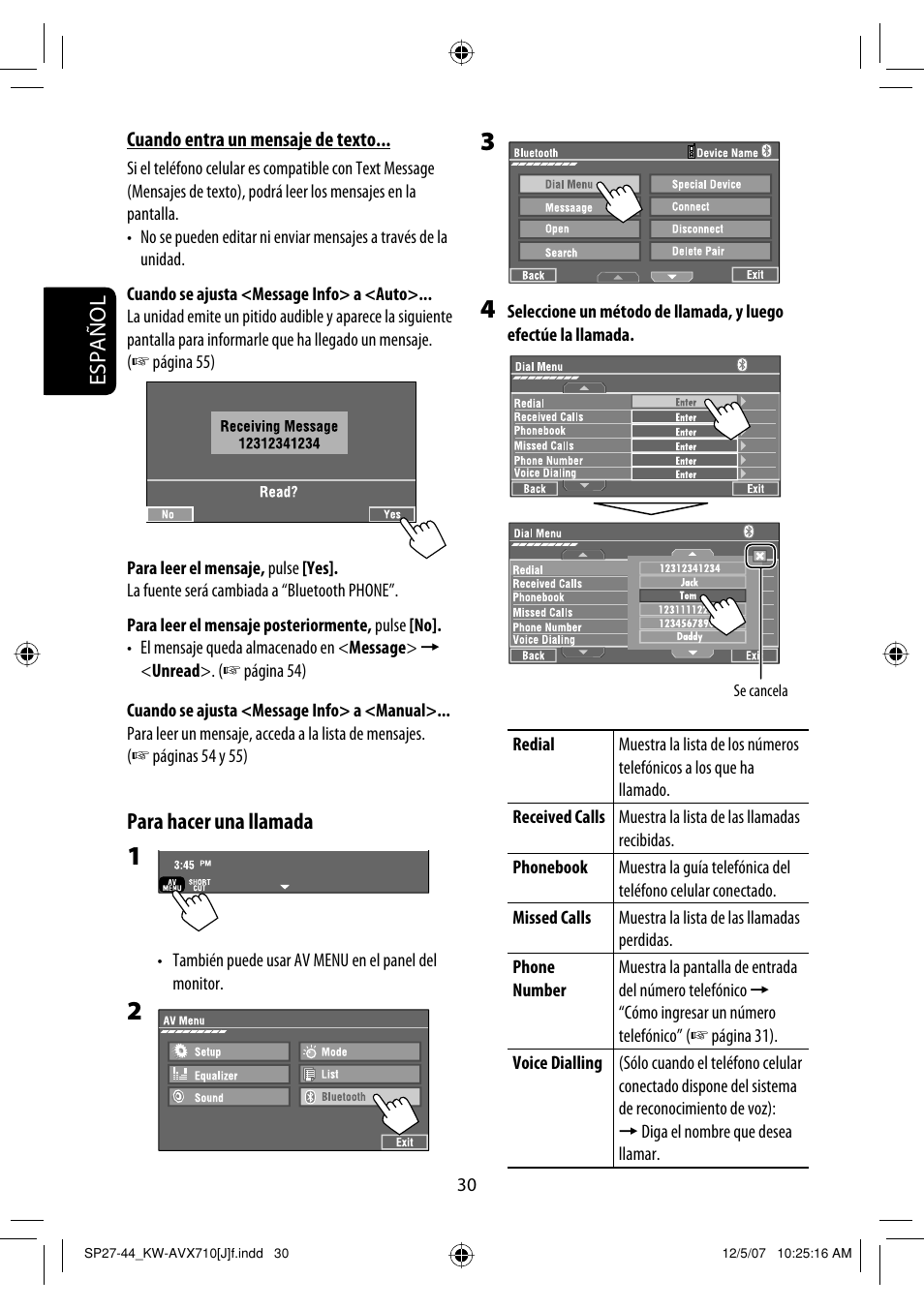 Español, Para hacer una llamada | JVC KW-ADV790 User Manual | Page 98 / 207