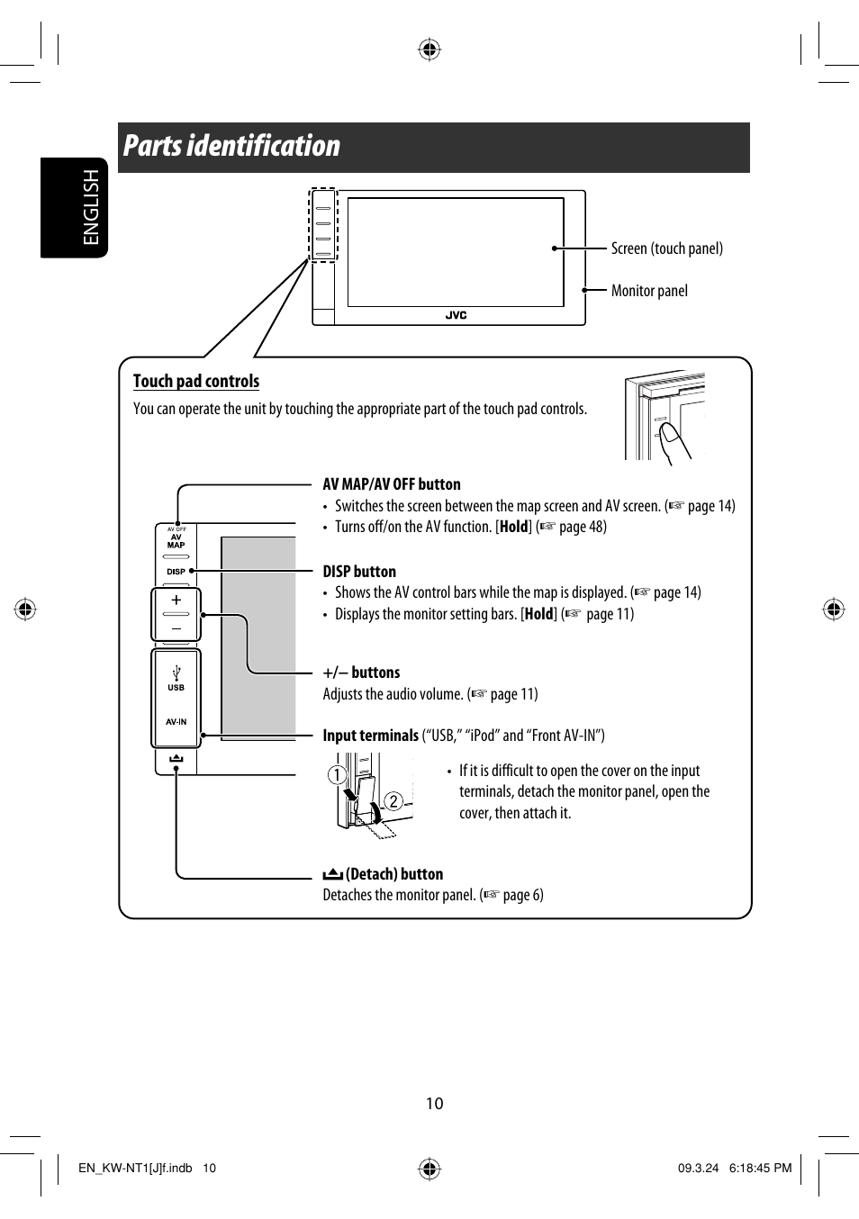 Parts identification, English | JVC KW-NT1 User Manual | Page 10 / 293