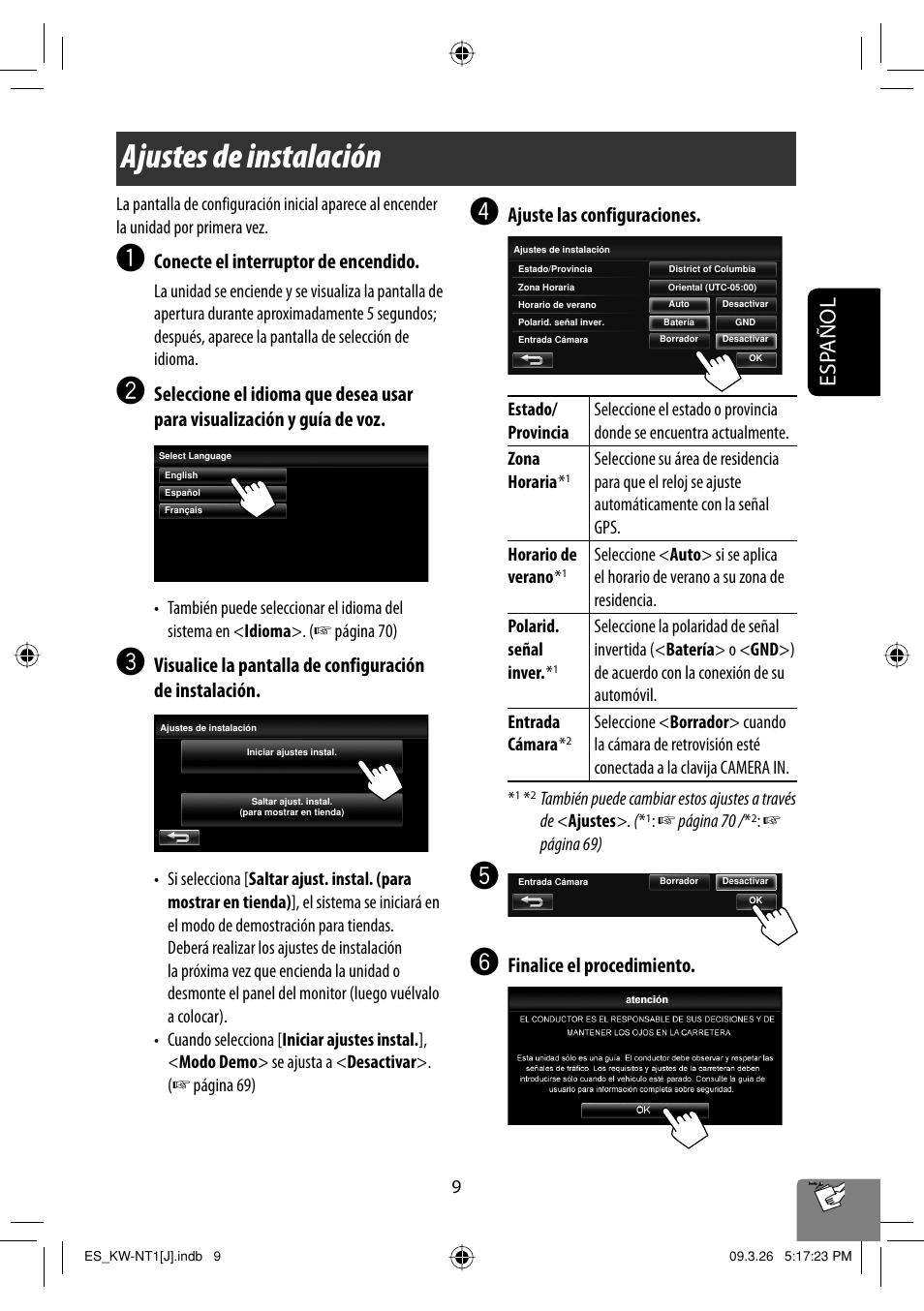 Ajustes de instalacion, Ajustes de instalación, Esp añol | Conecte el interruptor de encendido, Ajuste las configuraciones, Finalice el procedimiento | JVC KW-NT1 User Manual | Page 107 / 293