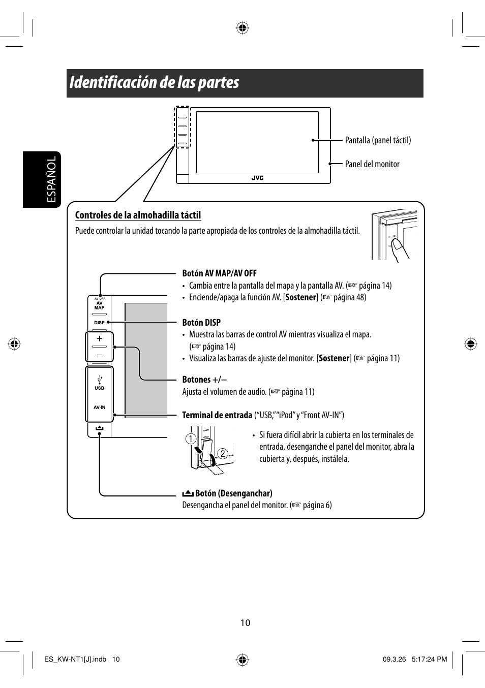 Identificacion de las partes, Identificación de las partes, Esp añol | JVC KW-NT1 User Manual | Page 108 / 293