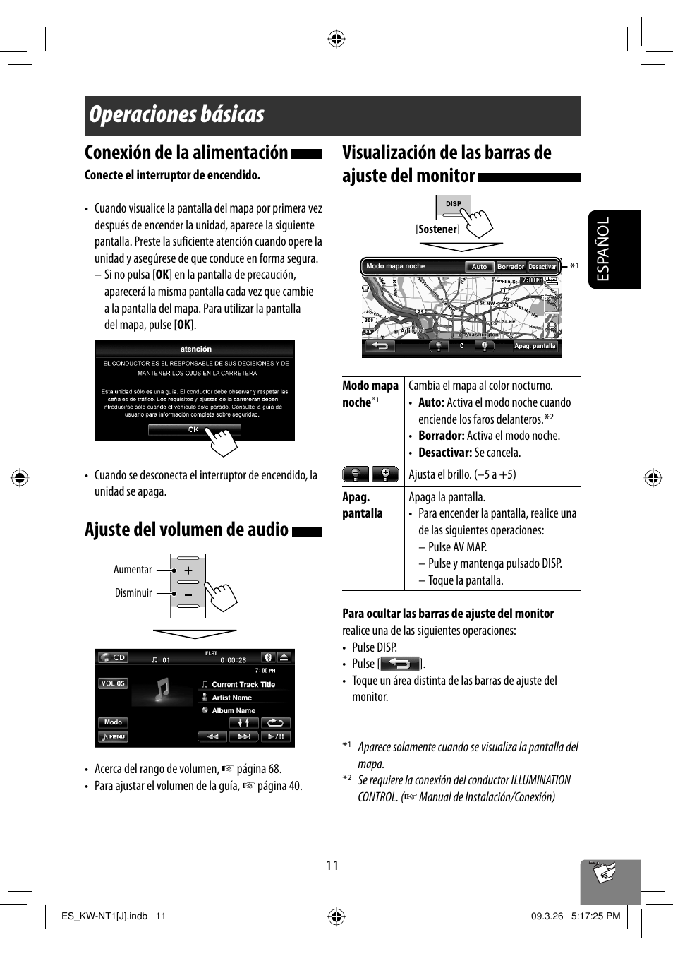 Operaciones basicas, Conexion de la alimentacion, Ajuste del volumen de audio | Visualizacion de las barras de ajuste del monitor, Operaciones básicas, Conexión de la alimentación, Visualización de las barras de ajuste del monitor, Esp añol | JVC KW-NT1 User Manual | Page 109 / 293