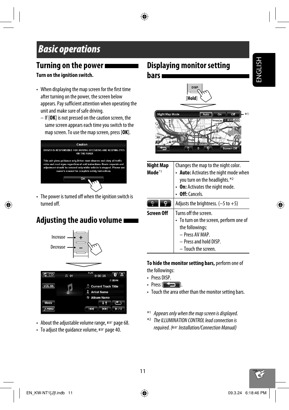 Basic operations, Turning on the power, Adjusting the audio volume | Displaying monitor setting bars, English | JVC KW-NT1 User Manual | Page 11 / 293