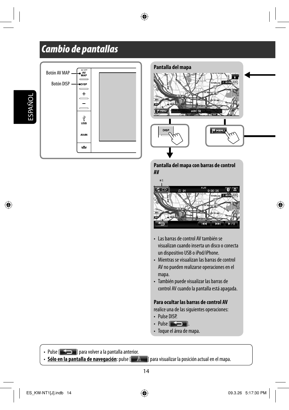 Cambio de pantallas, Esp añol | JVC KW-NT1 User Manual | Page 112 / 293