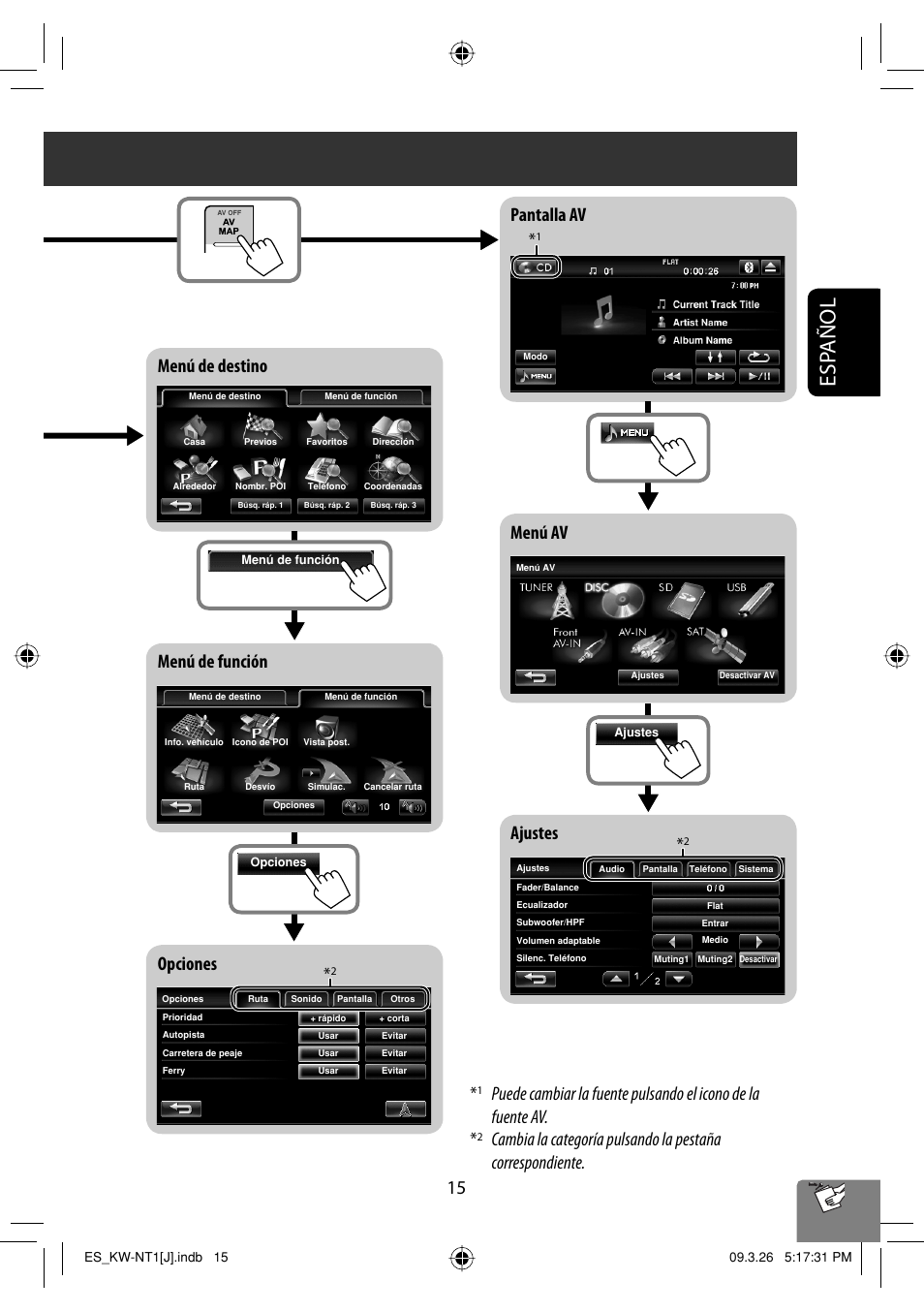 Esp añol, Menú de destino | JVC KW-NT1 User Manual | Page 113 / 293