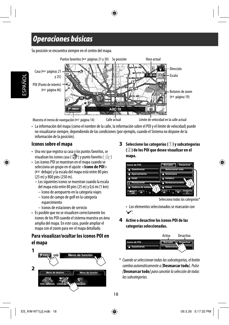 Operaciones basicas, Operaciones básicas, Esp añol | Iconos sobre el mapa | JVC KW-NT1 User Manual | Page 116 / 293
