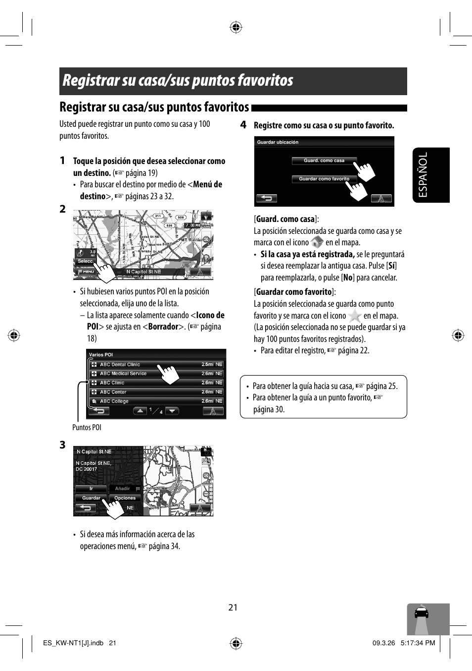 Registrar su casa/sus puntos favoritos, Esp añol | JVC KW-NT1 User Manual | Page 119 / 293