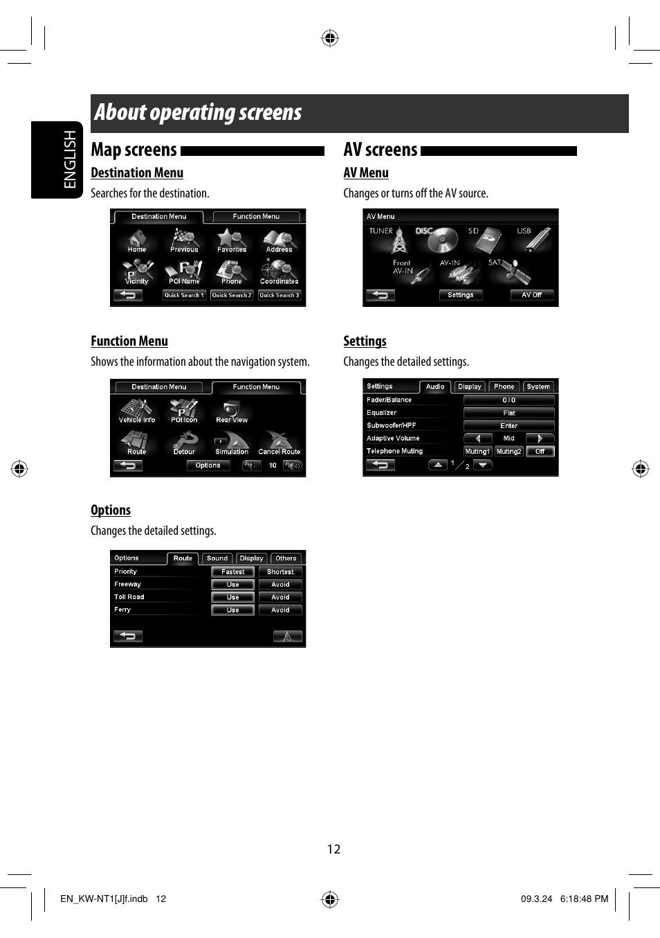 About operating screens, Map screens, Av screens | JVC KW-NT1 User Manual | Page 12 / 293