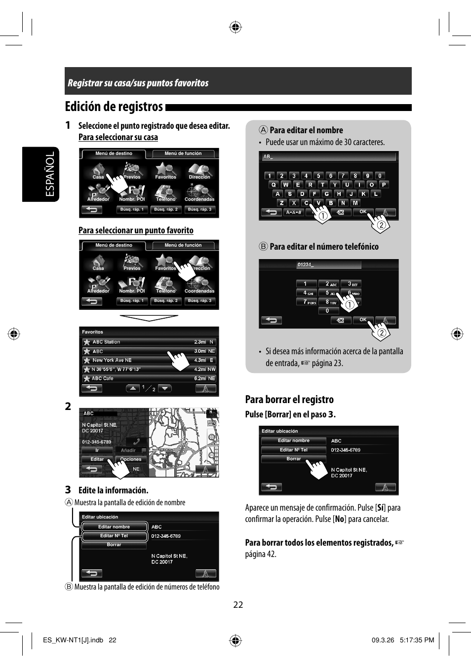 Edicion de registros, Edición de registros, Esp añol | Para borrar el registro, Registrar su casa/sus puntos favoritos, Edite la información | JVC KW-NT1 User Manual | Page 120 / 293