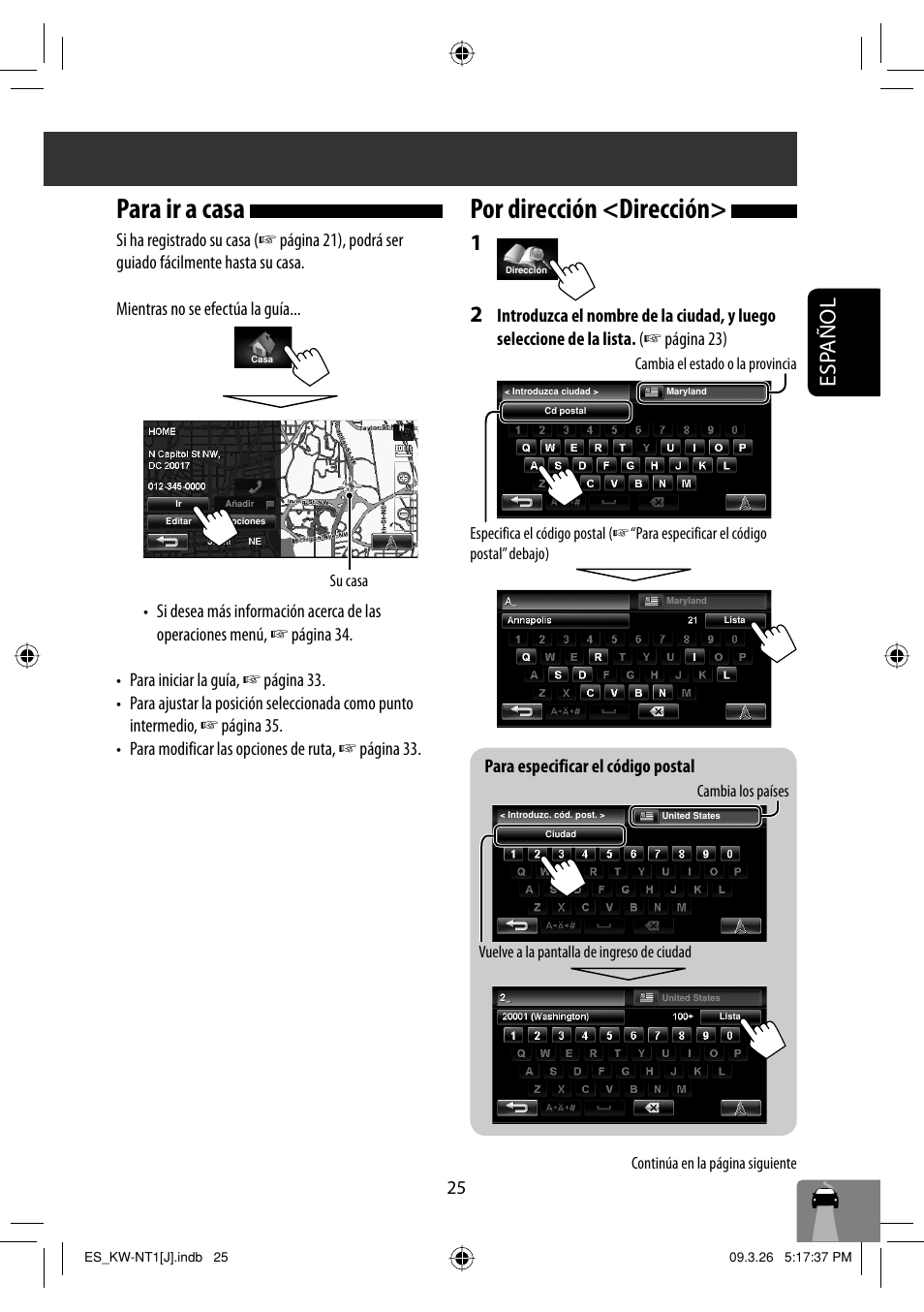 Para ir a casa, Por direccion <direccion, Por dirección <dirección | Esp añol | JVC KW-NT1 User Manual | Page 123 / 293