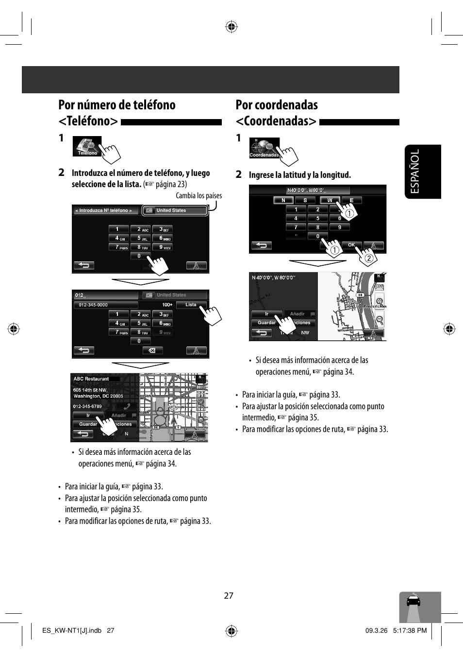Por numero de telefono <telefono, Por coordenadas <coordenadas, Por número de teléfono <teléfono | Esp añol | JVC KW-NT1 User Manual | Page 125 / 293