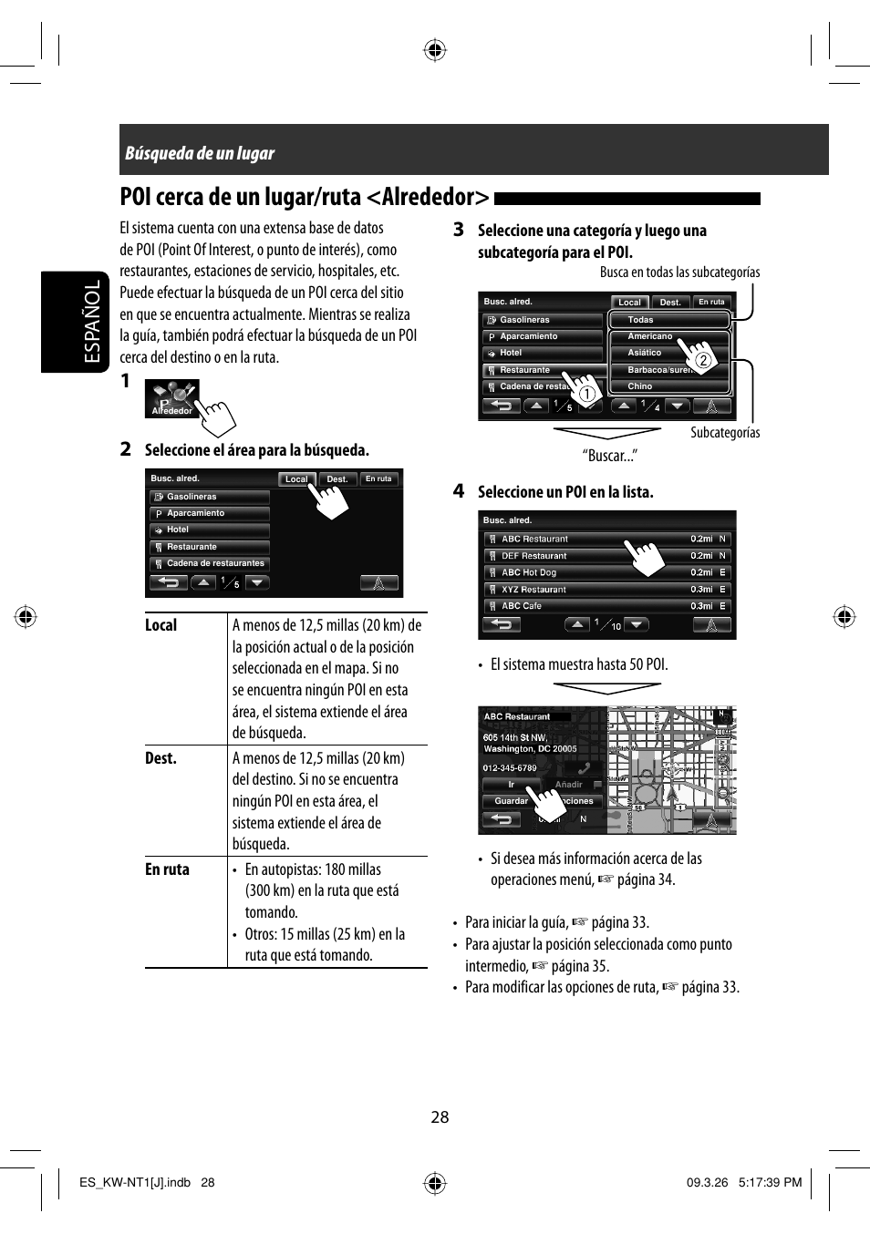 Poi cerca de un lugar/ruta <alrededor, Esp añol, Búsqueda de un lugar | Buscar | JVC KW-NT1 User Manual | Page 126 / 293