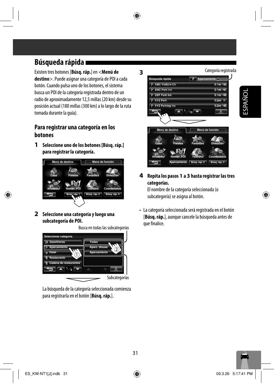 Busqueda rapida, Búsqueda rápida, Esp añol | Para registrar una categoría en los botones 1, Busca en todas las subcategorías subcategorías, Categoría registrada | JVC KW-NT1 User Manual | Page 129 / 293