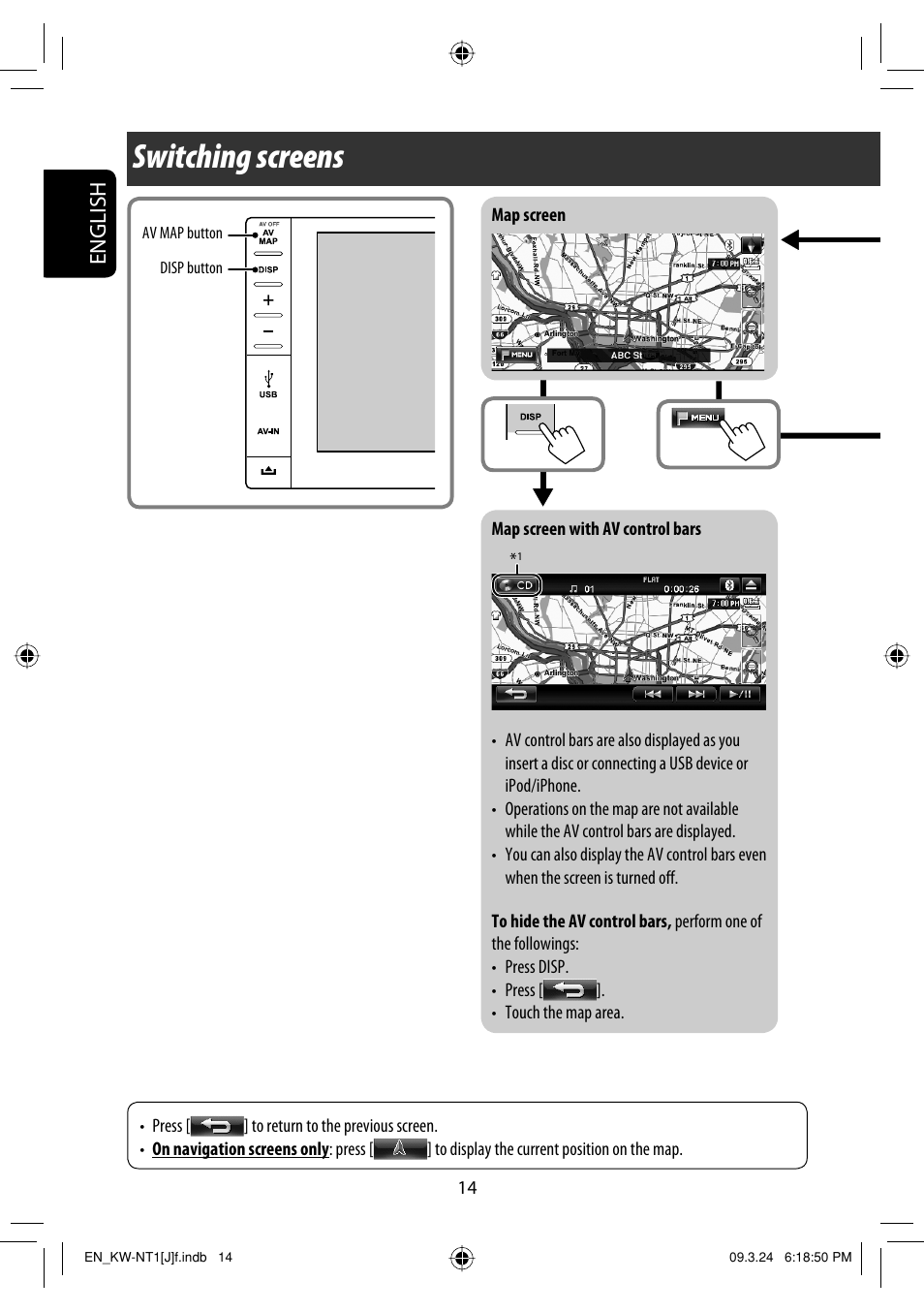 Switching screens, English | JVC KW-NT1 User Manual | Page 14 / 293