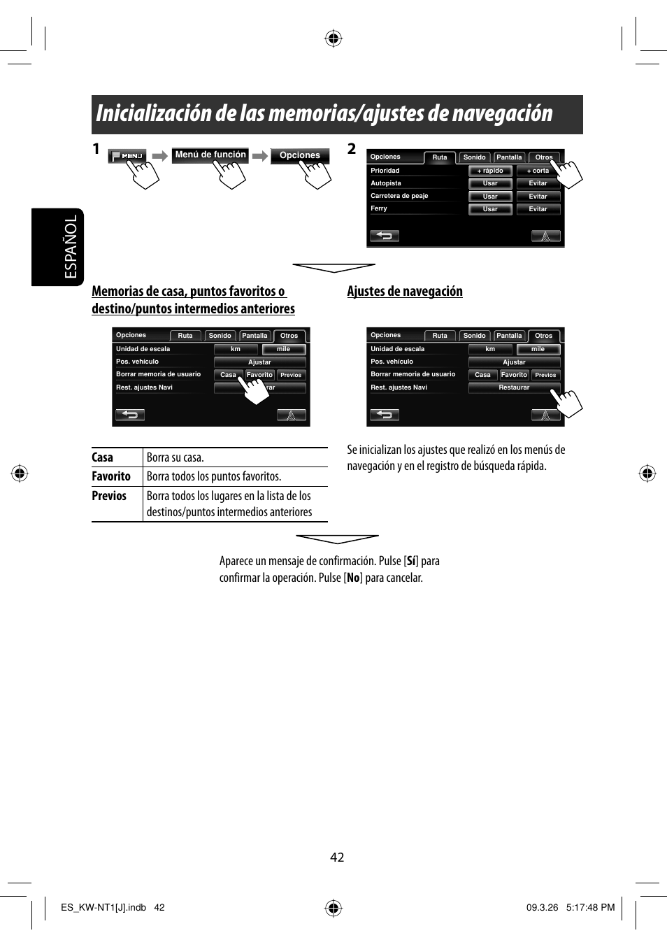 Esp añol, Ajustes de navegación | JVC KW-NT1 User Manual | Page 140 / 293