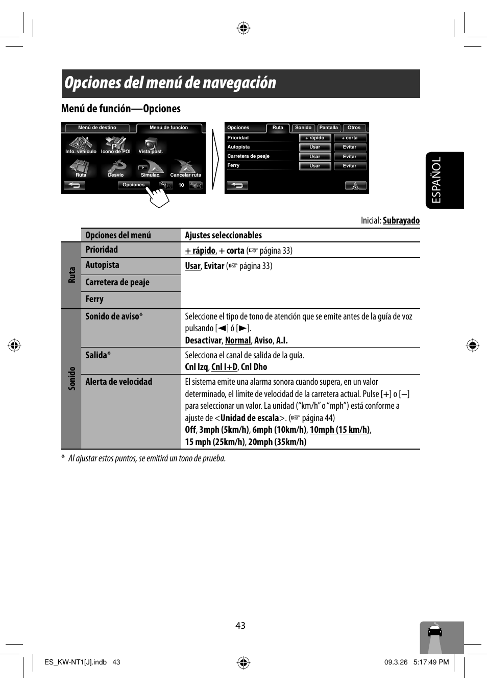 Opciones del menu de navegacion, Opciones del menú de navegación, Esp añol menú de función —opciones | JVC KW-NT1 User Manual | Page 141 / 293