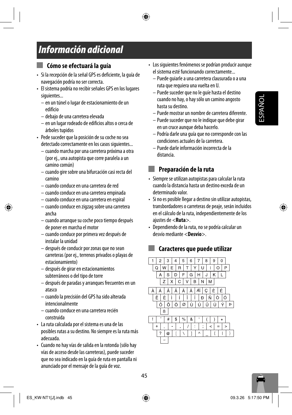 Informacion adicional, Información adicional, Esp añol cómo se efectuará la guía | Preparación de la ruta, Caracteres que puede utilizar | JVC KW-NT1 User Manual | Page 143 / 293