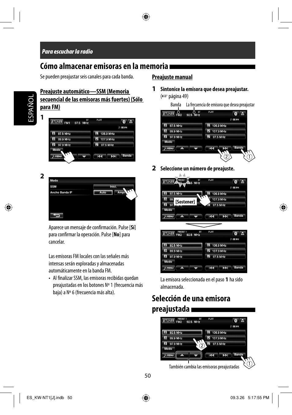 Como almacenar emisoras en la memoria, Seleccion de una emisora preajustada, Esp añol | Preajuste manual, Para escuchar la radio | JVC KW-NT1 User Manual | Page 148 / 293