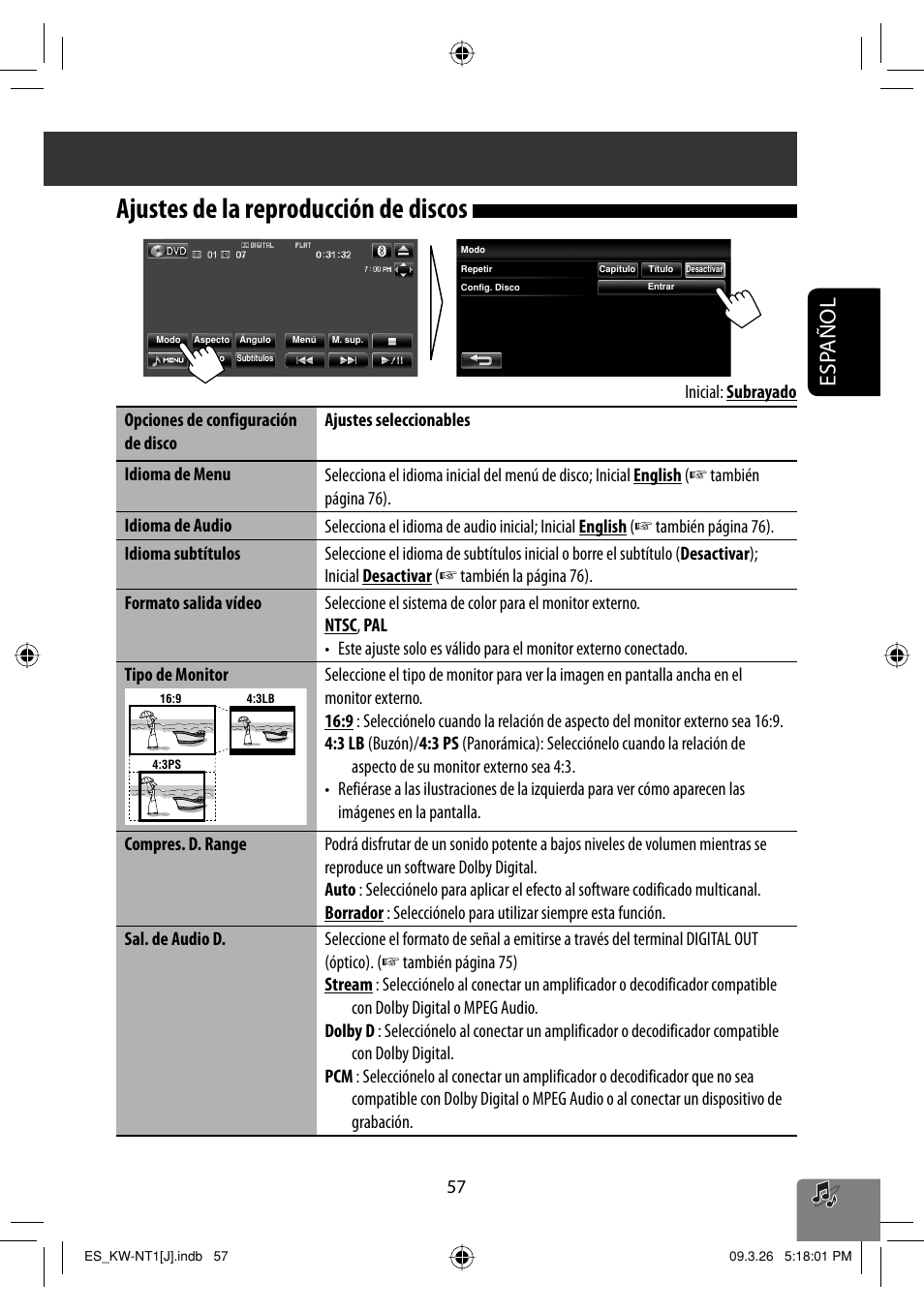 Ajustes de la reproduccion de discos, Ajustes de la reproducción de discos, Esp añol | JVC KW-NT1 User Manual | Page 155 / 293