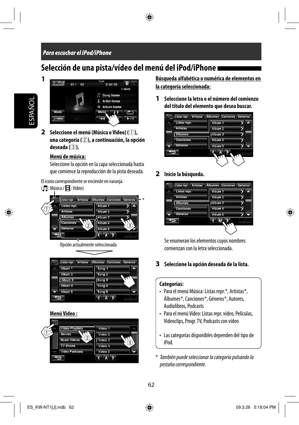 Esp añol, Para escuchar el ipod/iphone, Seleccione la opción deseada de la lista | JVC KW-NT1 User Manual | Page 160 / 293