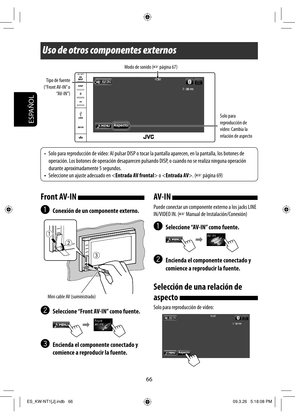 Uso de otros componentes externos, Front av-in, Av-in | Seleccion de una relacion de aspecto, Selección de una relación de aspecto | JVC KW-NT1 User Manual | Page 164 / 293