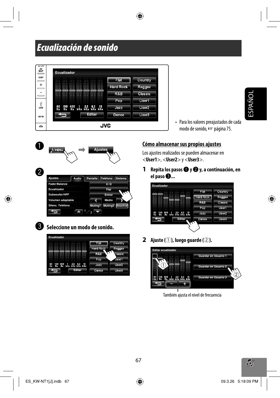 Ecualizacion de sonido, Ecualización de sonido, Esp añol | Seleccione un modo de sonido, Cómo almacenar sus propios ajustes | JVC KW-NT1 User Manual | Page 165 / 293
