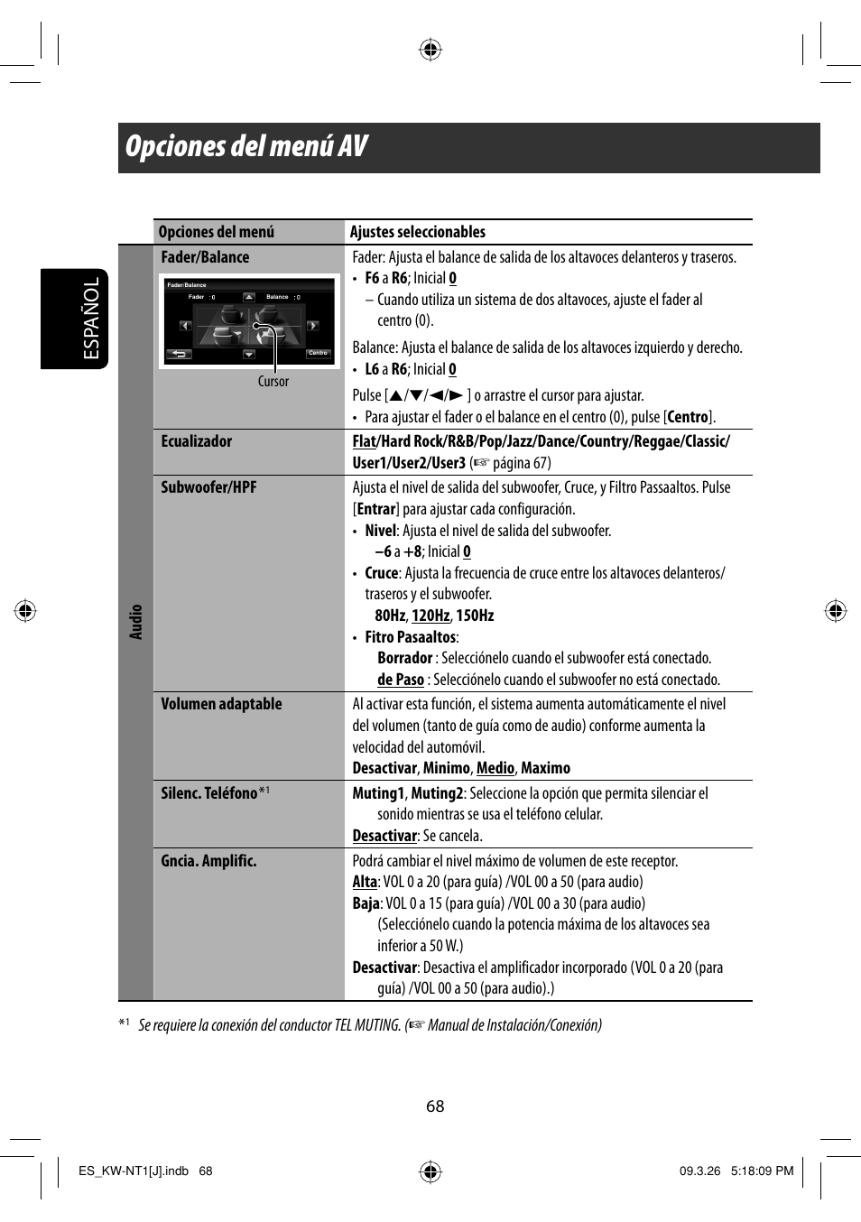 Opciones del menu av, Opciones del menú av, Esp añol | JVC KW-NT1 User Manual | Page 166 / 293