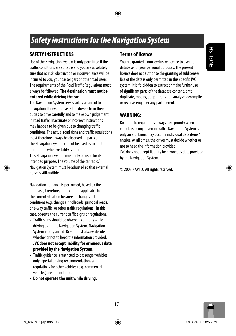 Safety instructions for the navigation system, English, Safety instructions | Terms of licence, Warning | JVC KW-NT1 User Manual | Page 17 / 293