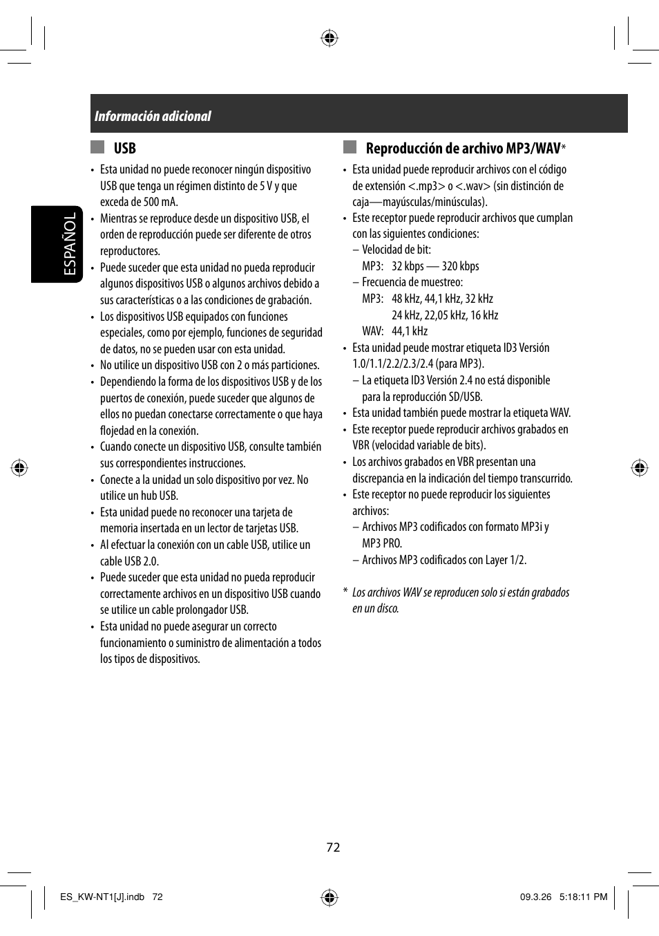 Esp añol, Reproducción de archivo mp3/wav | JVC KW-NT1 User Manual | Page 170 / 293