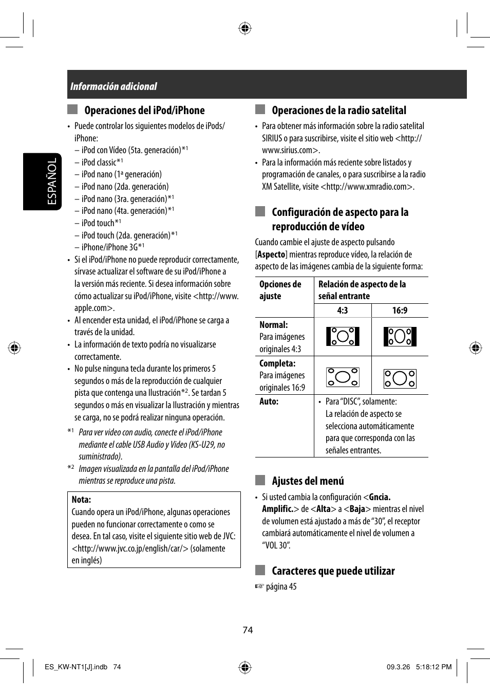 Esp añol, Operaciones de la radio satelital, Ajustes del menú | Caracteres que puede utilizar, Operaciones del ipod/iphone | JVC KW-NT1 User Manual | Page 172 / 293