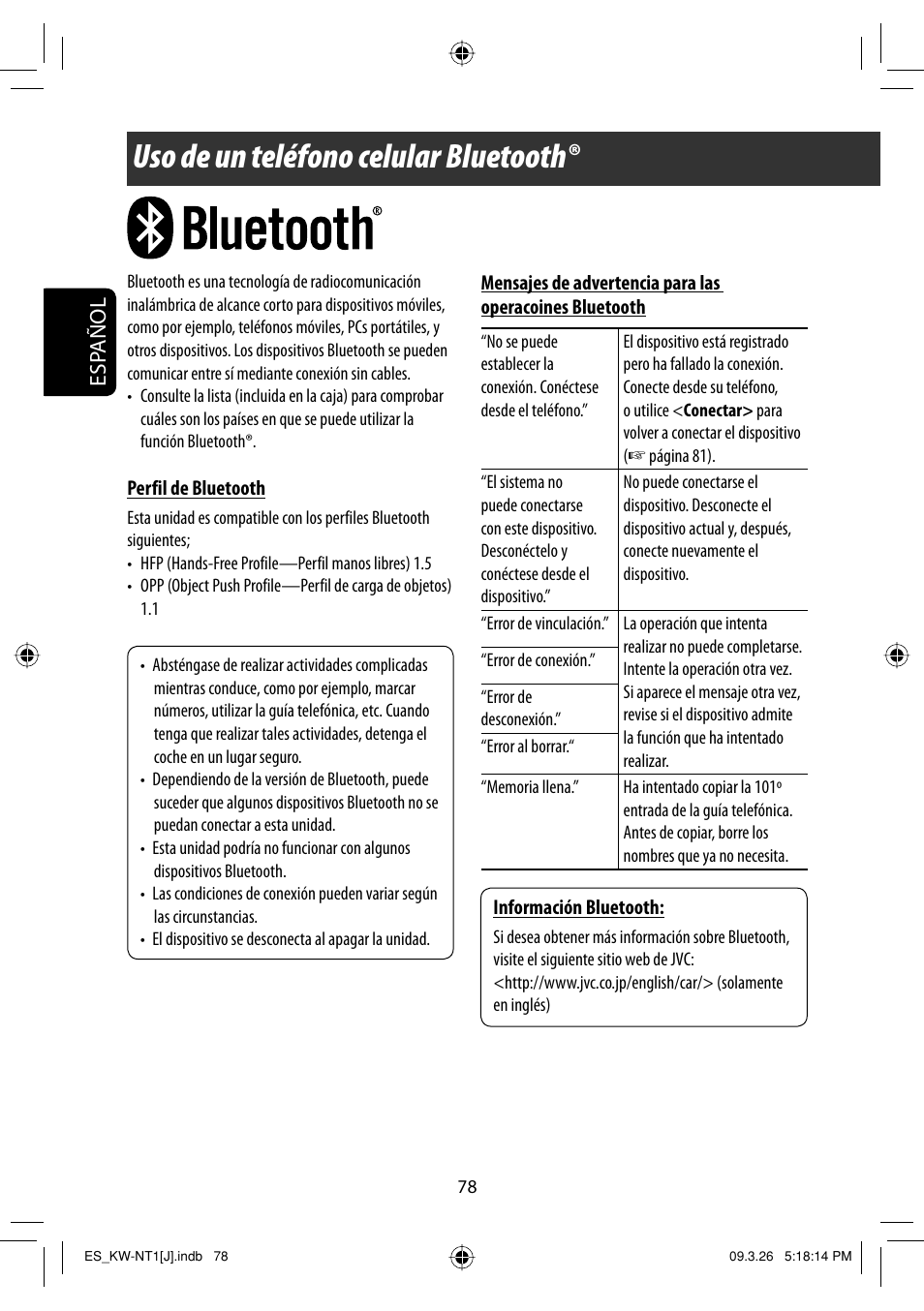 Uso de un telefono celular bluetooth, Uso de un teléfono celular bluetooth, Esp añol | JVC KW-NT1 User Manual | Page 176 / 293