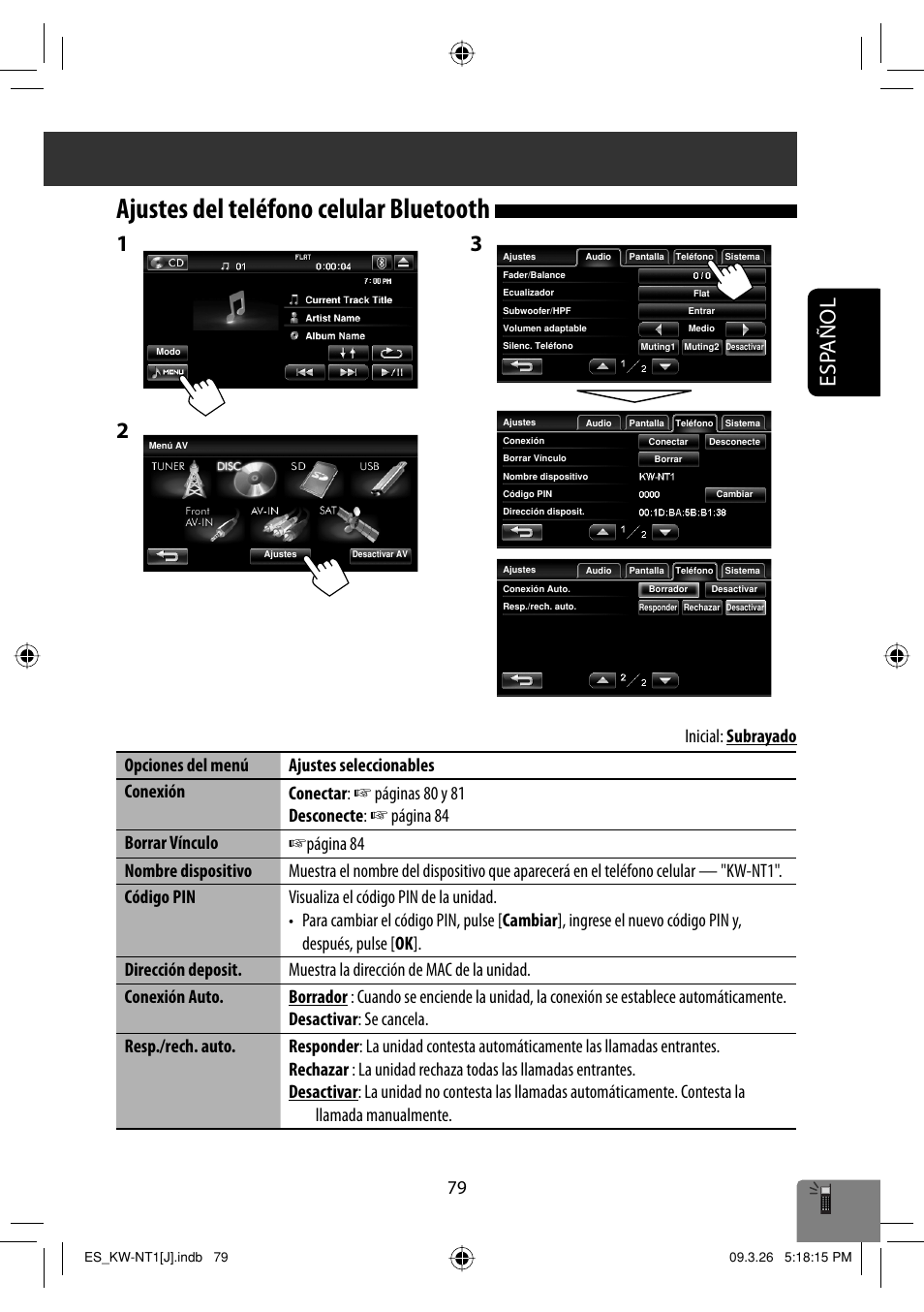 Ajustes del telefono celular bluetooth, Ajustes del teléfono celular bluetooth, Esp añol | JVC KW-NT1 User Manual | Page 177 / 293