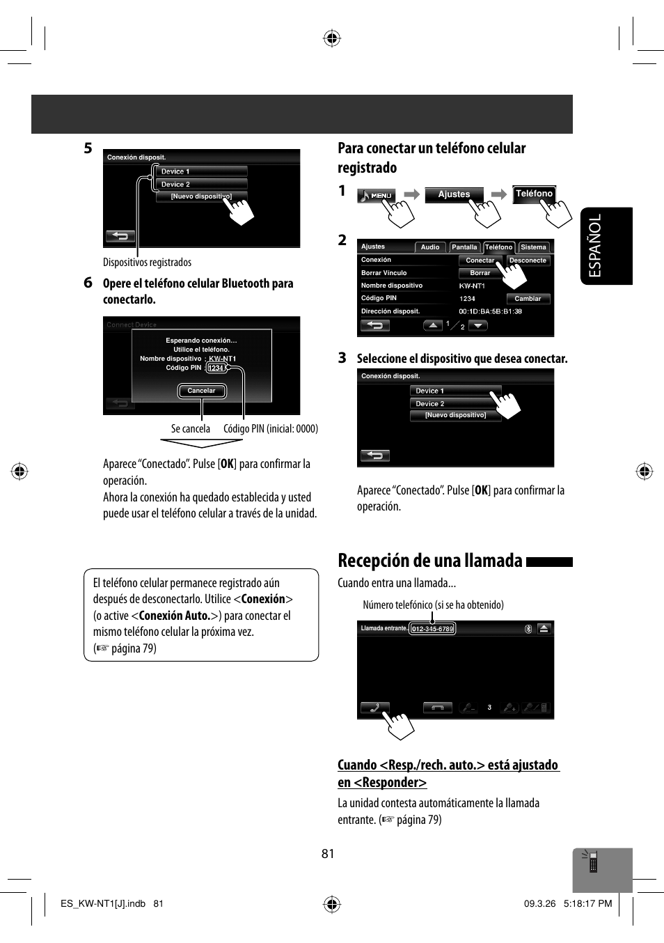 Recepcion de una llamada, Recepción de una llamada, Esp añol | Para conectar un teléfono celular registrado 1, Cuando entra una llamada | JVC KW-NT1 User Manual | Page 179 / 293