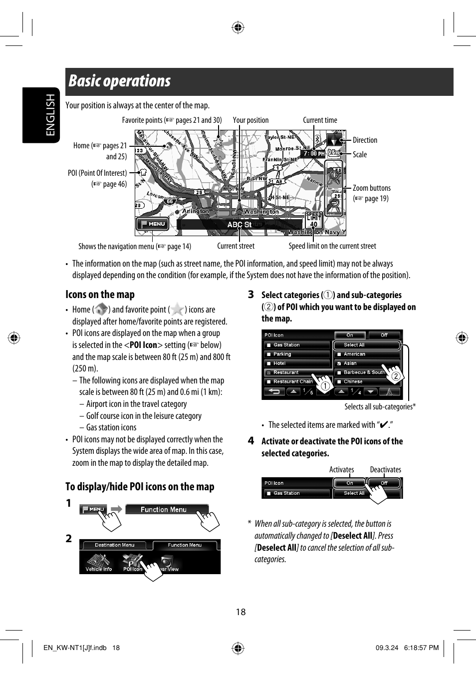 Basic operations, English, Icons on the map | JVC KW-NT1 User Manual | Page 18 / 293