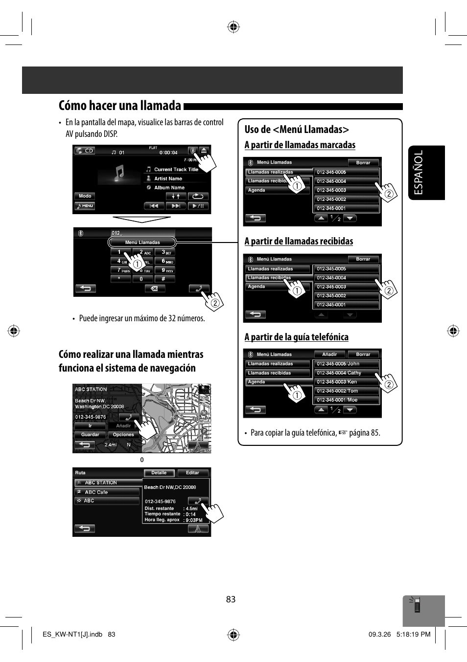 Como hacer una llamada, Cómo hacer una llamada, Esp añol | Uso de <menú llamadas | JVC KW-NT1 User Manual | Page 181 / 293