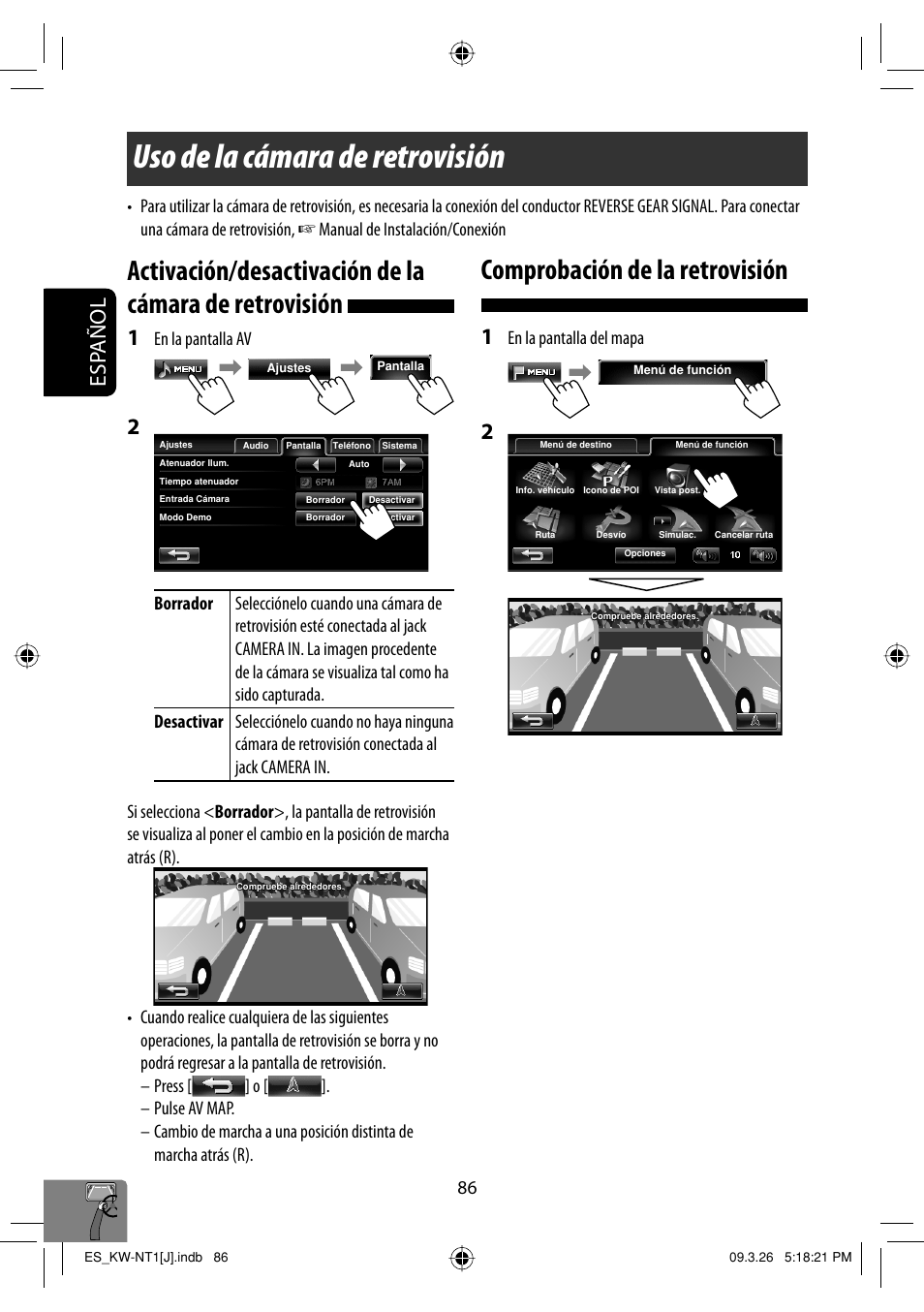 Uso de la camara de retrovision, Comprobacion de la retrovision, Uso de la cámara de retrovisión | Comprobación de la retrovisión, Esp añol, En la pantalla del mapa, En la pantalla av | JVC KW-NT1 User Manual | Page 184 / 293
